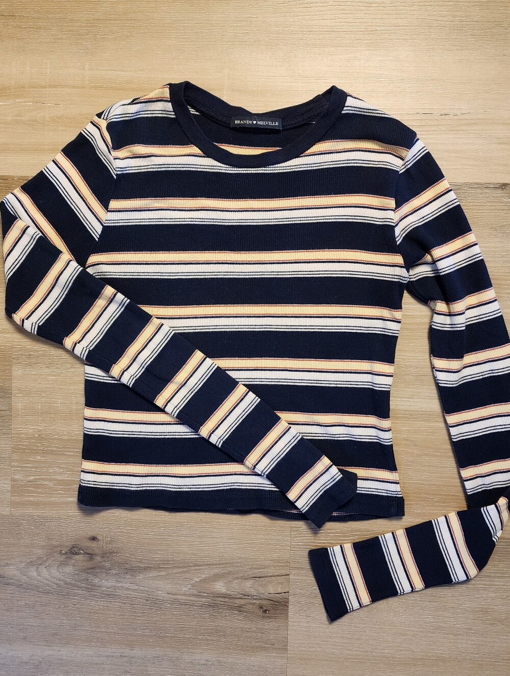 Brandy Melville Navy, Cream & Yellow Striped Ribbed Long Sleeve Top